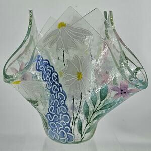 Suzanne Esko fused art glass double handkerchief Vase Enameled Spring Flowers